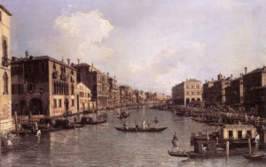 Oil the Painting - Grand Canal Looking South East from the Campo Santa Sophia to the Rialto Bridge    c. 1756 by Canaletto