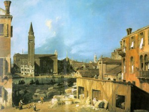 Oil the Painting - The Stonemason's Yard 1728 by Canaletto