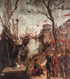 Oil carpaccio,vittore Painting - The Arrival of the Pilgrims in Cologne   1490 by Carpaccio,Vittore