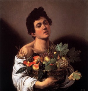 Oil people Painting - Boy with a Basket of Fruit  1593 by Caravaggio