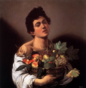 Oil Baroque Painting - Boy with a Basket of Fruit  1593 by Caravaggio