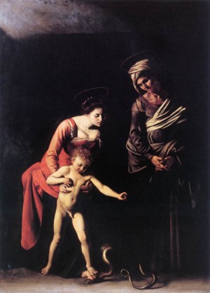 Oil caravaggio Painting - Madonna with the Serpent  1606 by Caravaggio
