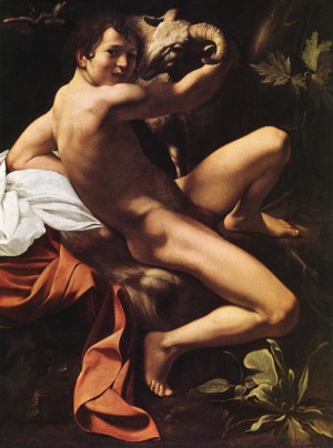 Oil the Painting - St. John the Baptist (Youth with Ram)   c 1600 by Caravaggio
