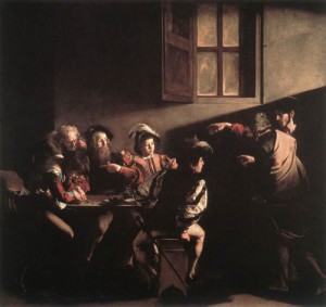 Oil the Painting - The Calling of Saint Matthew  1599-1600 by Caravaggio