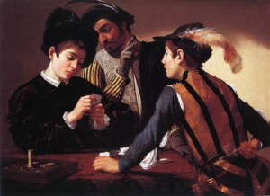Oil caravaggio Painting - The Cardsharps (I Bari)   c 1596 by Caravaggio