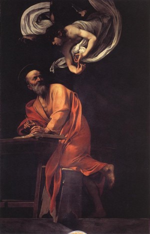 Oil angel Painting - The Inspiration of Saint Matthew and the Angel 1602 by Caravaggio