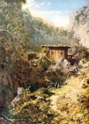 Oil the Painting - A Mill in the Mountains by Carl Spitzweg