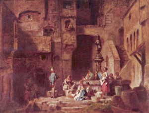 Oil the Painting - Laundresses at the Well by Carl Spitzweg