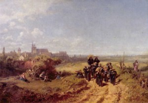 Oil girl Painting - The Walk of the Girl Students by Carl Spitzweg