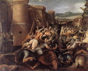 Oil cesari,giuseppe Painting - St Clare with the Scene of the Siege of Assisi by Cesari,Giuseppe