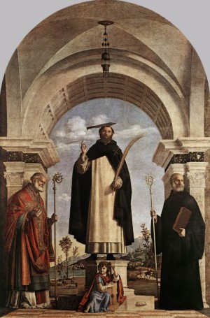 Oil cima da conegliano Painting - St Peter Martyr with St Nicholas of Bari, St Benedict and an Angel Musician    1504 by Cima da Conegliano