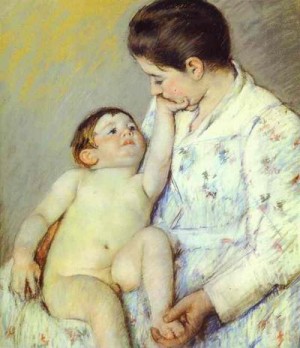 Oil baby Painting - Baby's First Caress. c. 1890 by Cassatt,Mary