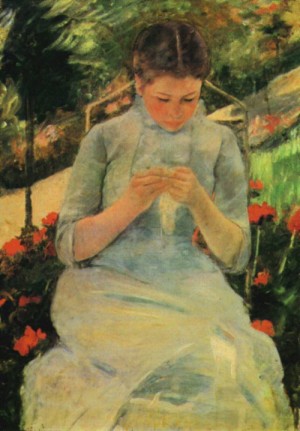 Oil woman Painting - Femme Cousant (Young Woman Sewing in the Garden)  1880-82 by Cassatt,Mary
