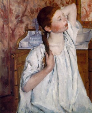 Oil girl Painting - Girl Arranging Her Hair 1886 by Cassatt,Mary