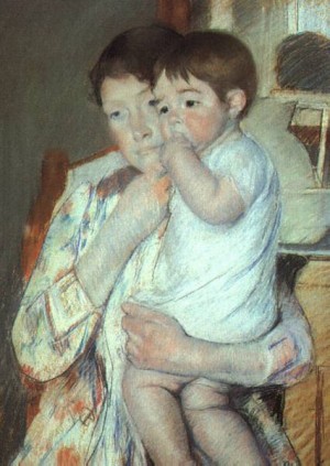 Oil cassatt,mary Painting - Mother and Child against a Green Background    1897 by Cassatt,Mary
