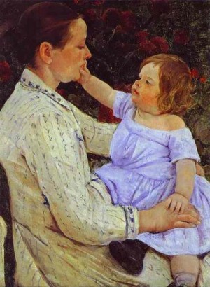 Oil the Painting - The Child's Caress. c. 1890 by Cassatt,Mary