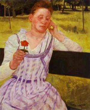 Oil woman Painting - Woman with a Red Zinnia 1891 by Cassatt,Mary