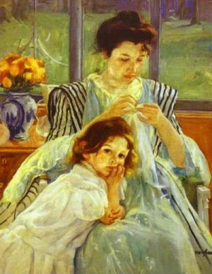 Oil cassatt,mary Painting - Young Mother Sewing. 1902 by Cassatt,Mary
