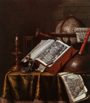 Oil collier, edwaert Painting - Still Life with Musical Instruments, Plutrach's 'Lives', and a Celestial Globe by Collier, Edwaert