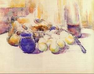 Oil blue Painting - Blue Pot And Bottle Of Wine Aka Still Life With Pears And Apples Covered Blue Jar And A Bottle Of Wine by Cezanne,Paul