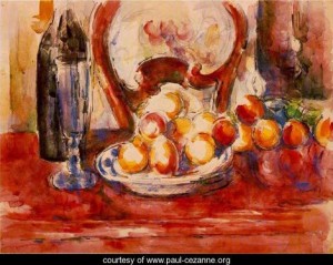 Oil life Painting - Still Life Apples A Bottle And Chairback by Cezanne,Paul
