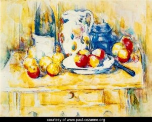 Oil cezanne,paul Painting - Still Life With Apples A Bottle And A Milk Pot by Cezanne,Paul