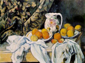 Oil still Painting - Still Life with Curtain and Flowered Pitcher  c. 1899 by Cezanne,Paul