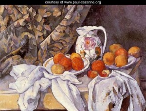 Oil cezanne,paul Painting - Still Life With Curtain And Flowered Pitcher by Cezanne,Paul
