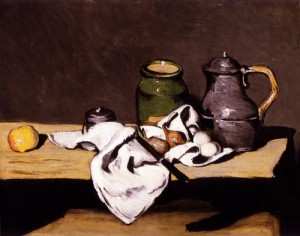 Oil green Painting - Still Life with Green Pot and Pewter Jug  1867-69 by Cezanne,Paul