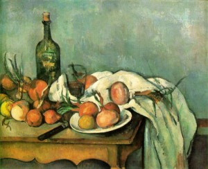 Oil cezanne,paul Painting - Still Life with Onions and Bottle  1895-1900 by Cezanne,Paul