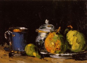 Oil blue Painting - Sugar Bowl, Pears and Blue Cup  1865-66 by Cezanne,Paul