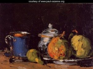 Oil blue Painting - Sugar Bowl Pears And Blue Cup by Cezanne,Paul