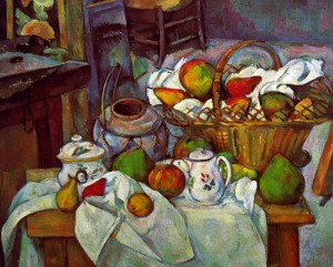 Oil the Painting - Vessels, Basket and Fruit (The Kitchen Table), 1888-90 by Cezanne,Paul