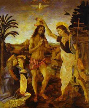 Oil the Painting - Andrea del Verrocchio and Leonardo da Vinci. The Baptism of Christ. c.1472-1475 by Da Vinci,Leonardo