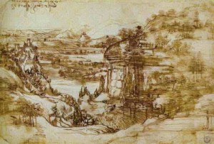 Oil landscape Painting - Arno Landscape. 1473 by Da Vinci,Leonardo