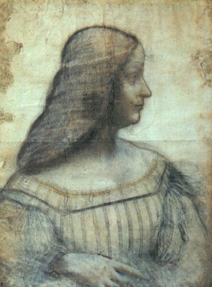 Oil red Painting - Portrait of Isabelle d'Este, black and red chalk with pastel highlights by Da Vinci,Leonardo