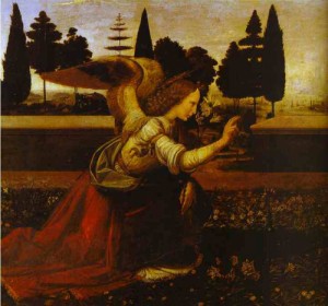 Oil da vinci,leonardo Painting - The Annunciation. Detail. c. 1472-1475 by Da Vinci,Leonardo