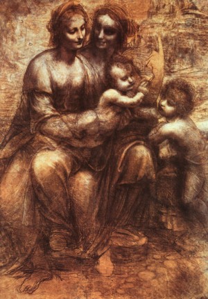Oil cartoon Painting - Virgin & Child with St. Anne & John the Baptist (The Cartoon with St. Anne) by Da Vinci,Leonardo