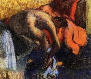 Oil woman Painting - After Bathing Woman Drying Her Leg Undated by Degas,Edgar
