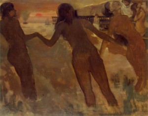 Oil sea Painting - Peasant Girls Bathing in the Sea at Dusk  1875-76 by Degas,Edgar