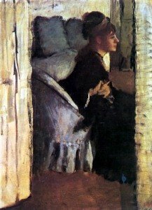 Oil woman Painting - Woman Putting on Her Gloves 1877 by Degas,Edgar