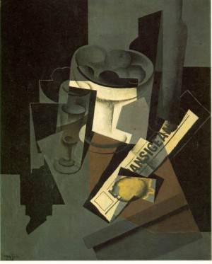 Oil gris juan Painting - Fruit Dish, Glass, and Lemon (Still Life with Newspaper) by Gris Juan