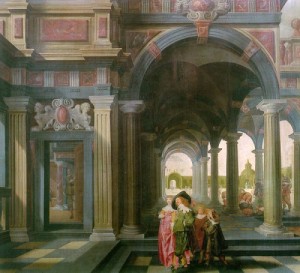 Oil Painting - Palace Courtyard with Figures, 1635 by Delen, Dirck van