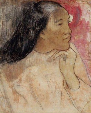 Oil flower Painting - A Tahitian Woman With A Flower In Her Hair by Gauguin,Paul