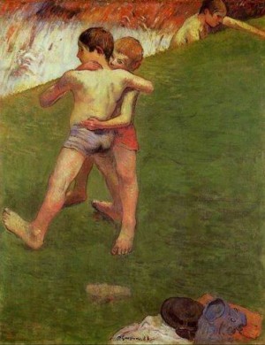 Oil gauguin,paul Painting - Breton Boys Wrestling by Gauguin,Paul