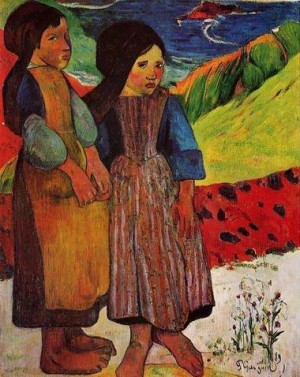 Oil gauguin,paul Painting - Breton Girls By The Sea by Gauguin,Paul
