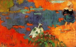 Oil woman Painting - Breton Woman And Goose By The Water by Gauguin,Paul