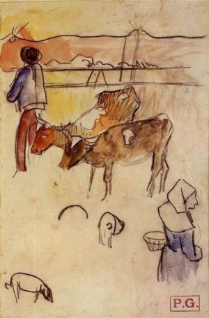 Oil gauguin,paul Painting - Bretons And Cows (sketch) by Gauguin,Paul
