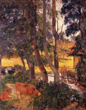 Oil pond Painting - Cattle Drinking Aka Edge Of The Pond by Gauguin,Paul