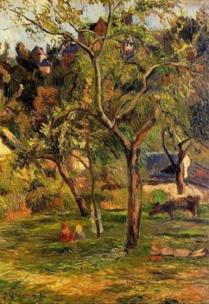 Oil gauguin,paul Painting - Children In The Pasture Aka Orchard Below Bihorel Church by Gauguin,Paul